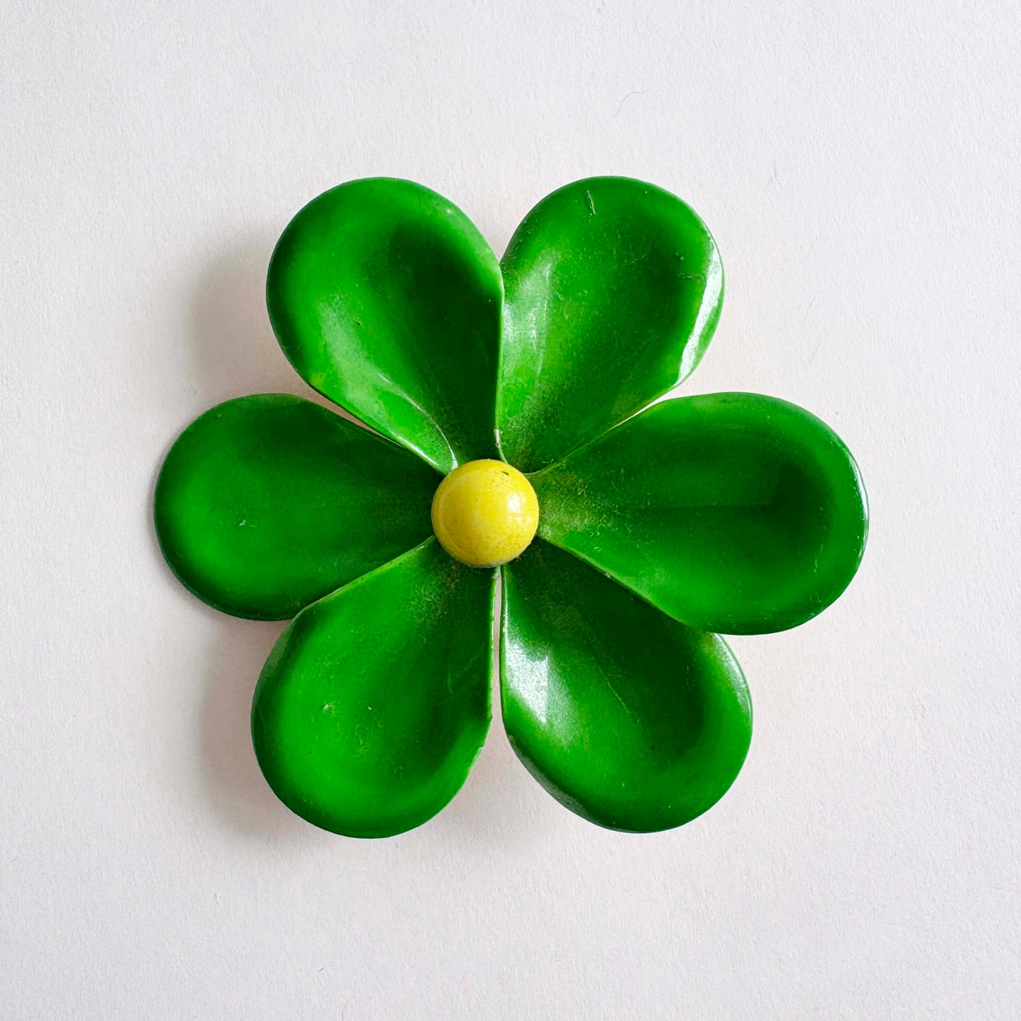Vintage Large Green Enamel Flower Brooch with Yellow Center | 1960s