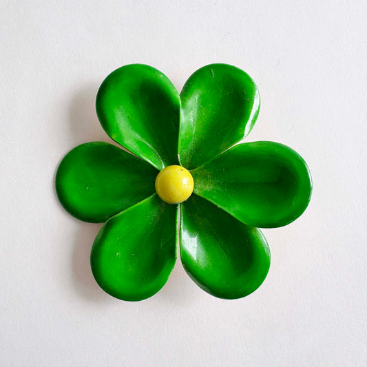 Vintage Large Green Enamel Flower Brooch with Yellow Center | 1960s