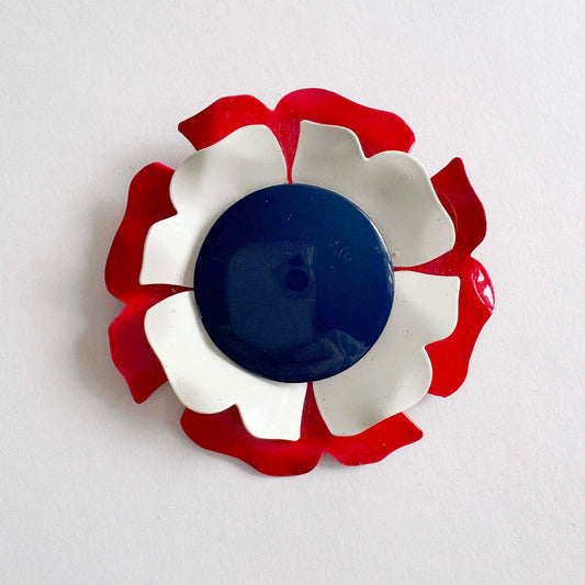 Vintage Red White Blue Enamel Flower Brooch | Mod Pop Art Daisy 1960s–1970s