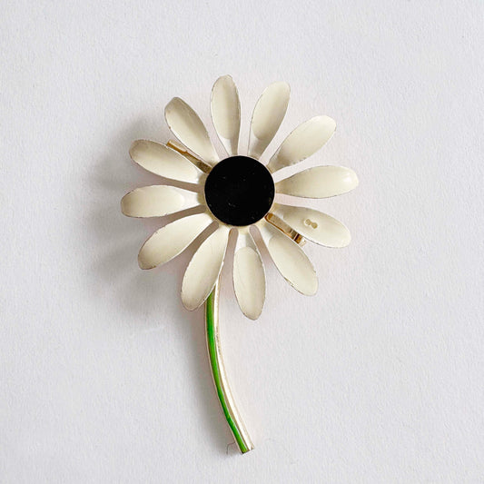 Vintage White Enamel Daisy Brooch with Black Center and Green Stem | 1960s