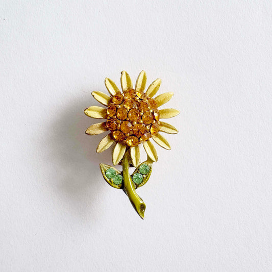Vintage Mamselle Rhinestone Flower Brooch | Gold Tone Daisy with Amber and Green Rhinestones | 1970s
