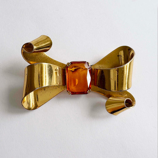 Coro Sterling Vermeil Citrine Glass Ribbon Bow Brooch