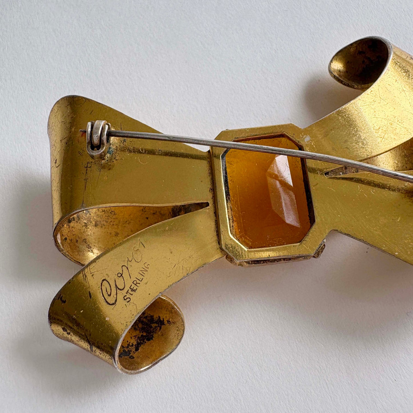 Coro Sterling Vermeil Citrine Glass Ribbon Bow Brooch