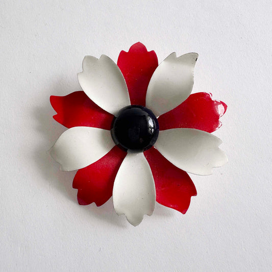 Vintage Enamel Brooch Red, White, Black Center