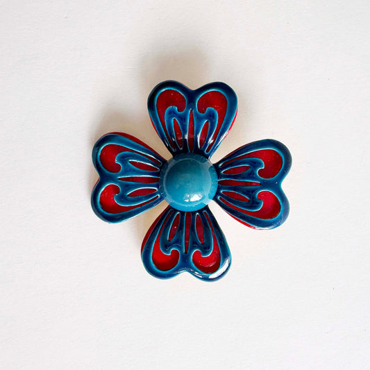 Vintage Enamel Brooch Red, Blue, Cyan
