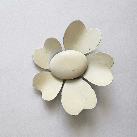 Vintage Matte White Enamel Flower Brooch with Domed Center | Mod Daisy 1960s–1970s