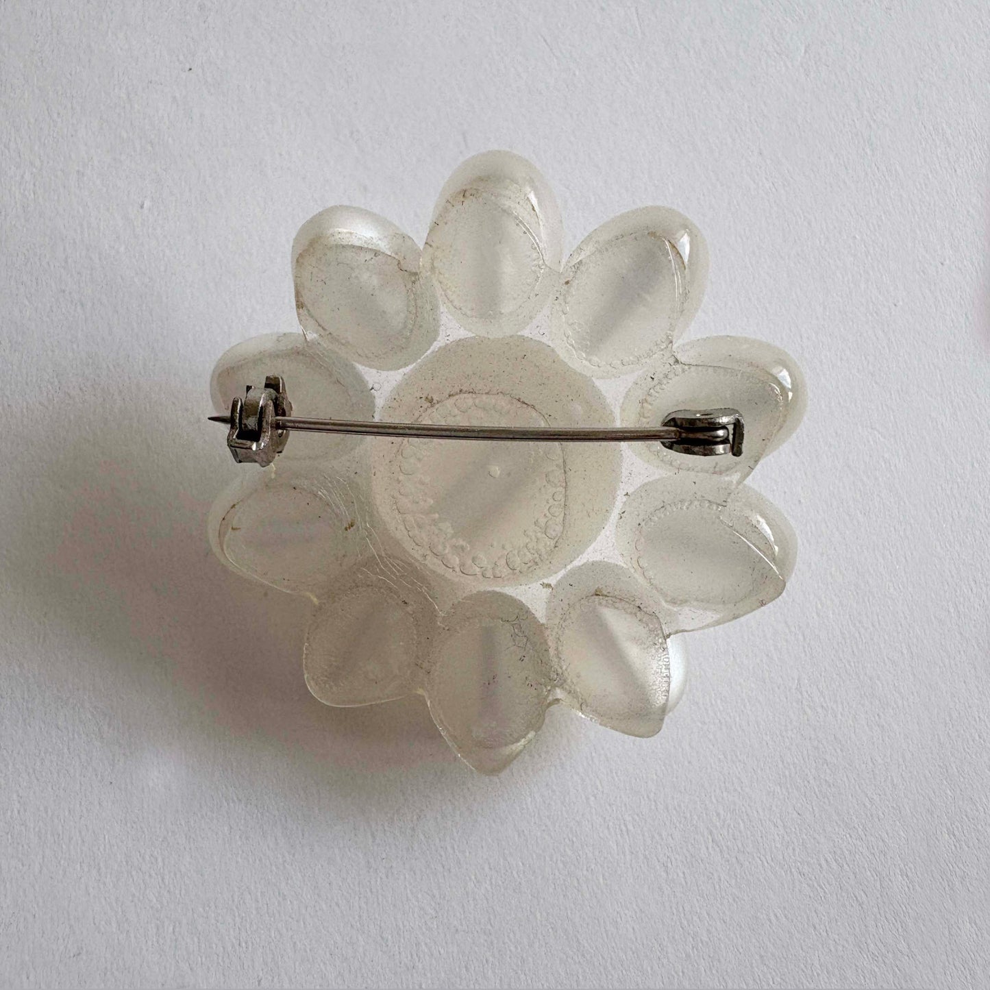 Vintage White Moonglow Lucite Flower Brooch | 1950s
