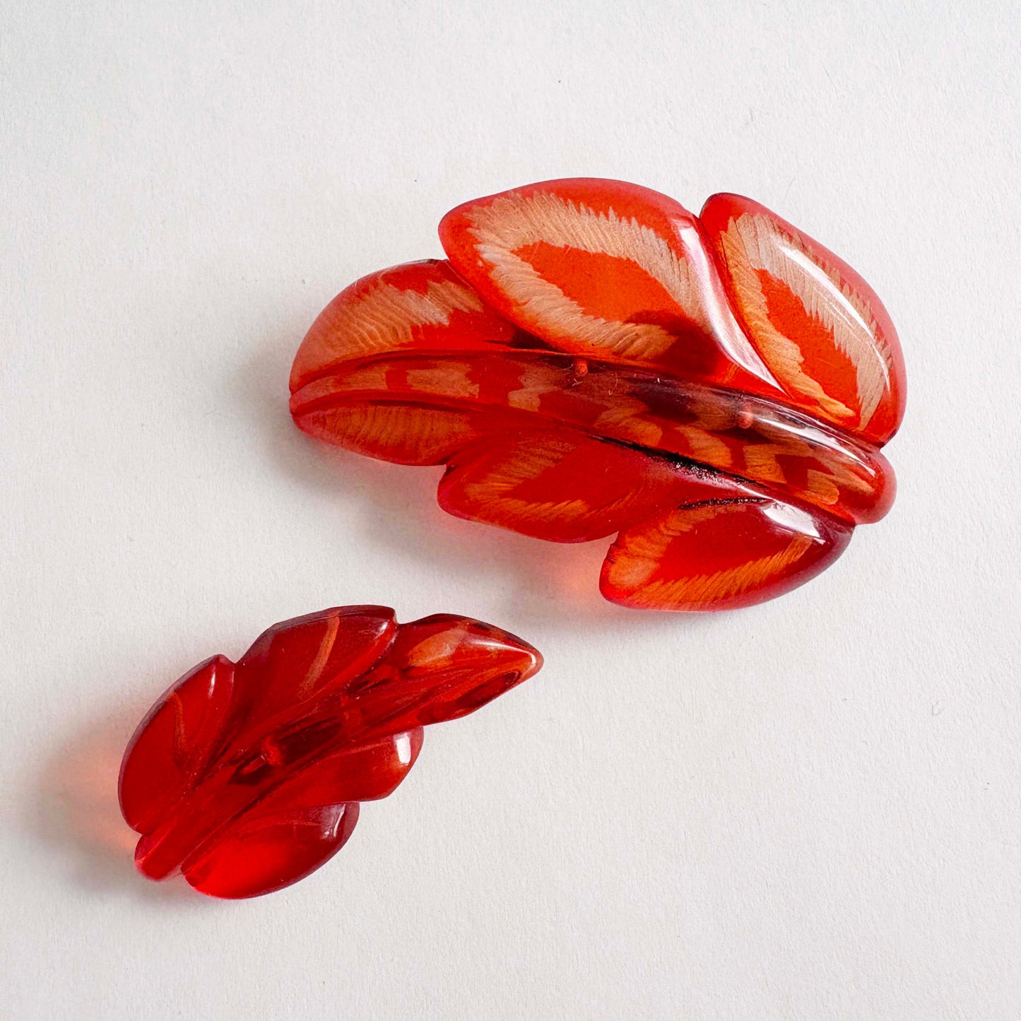 Vintage Reverse Carved Lucite Leaf Brooch Pair | Mid-Century