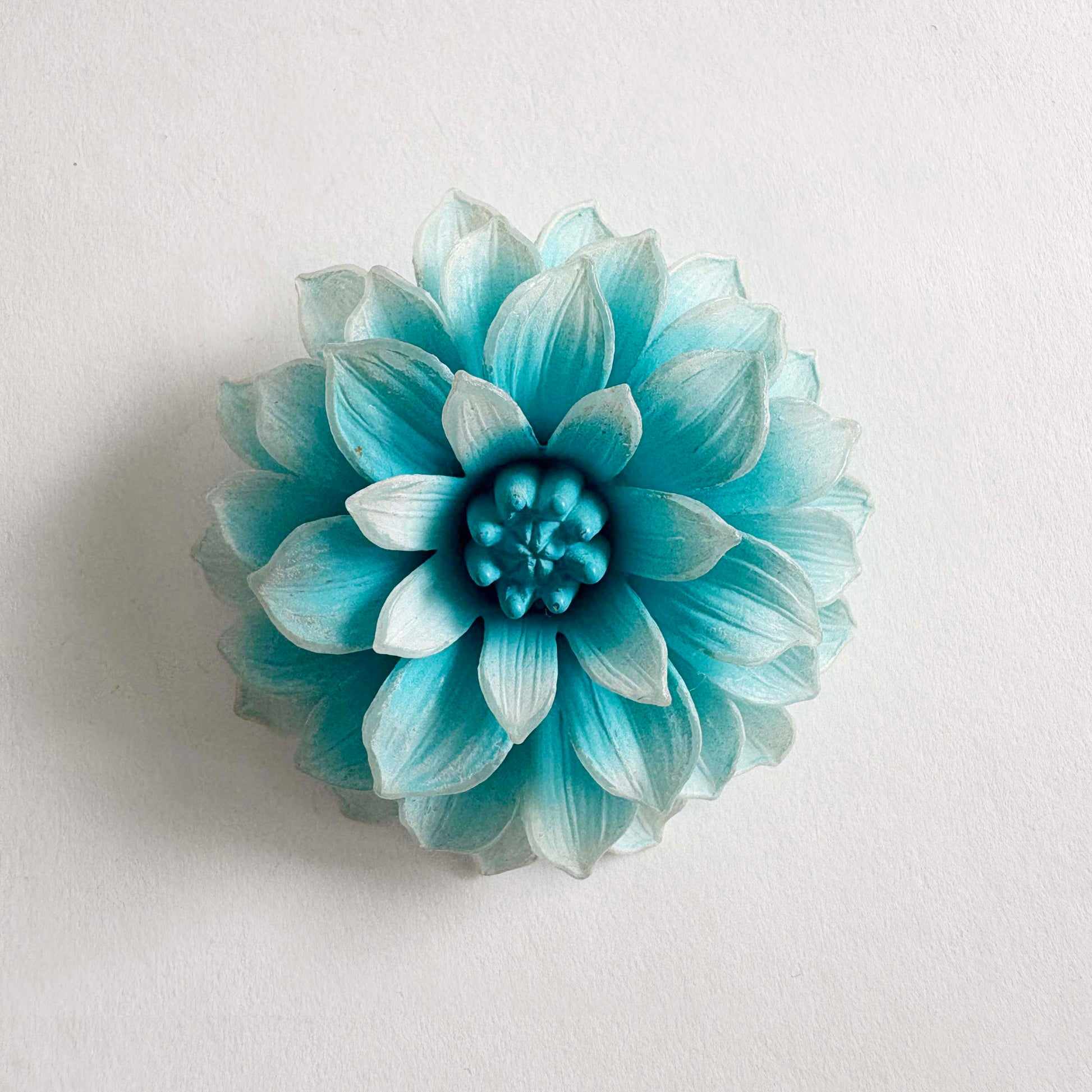 Vintage West Germany blue airbrushed plastic dahlia flower brooch with molded polystyrene petals, 1950s mid century design

