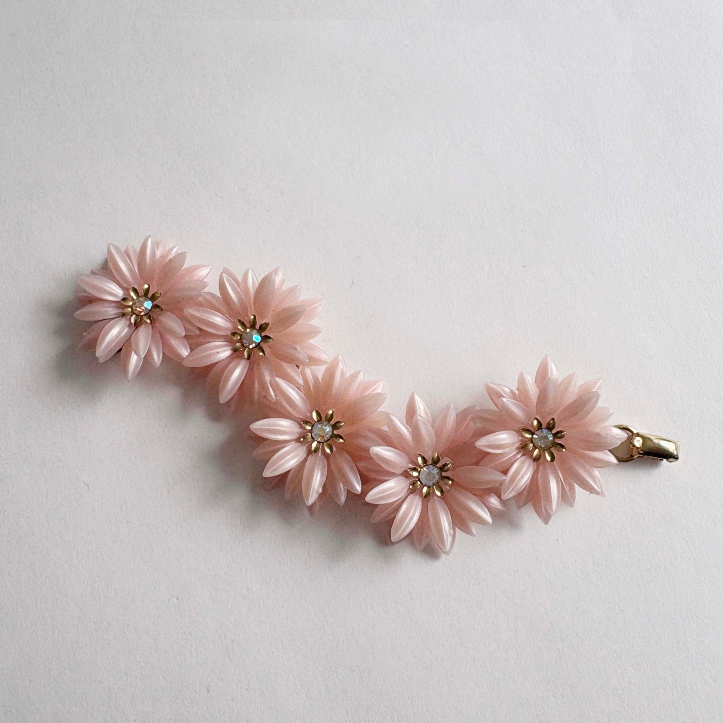 Vintage Coro Pink Soft Plastic Flower Bracelet with AB Rhinestones | 1960s