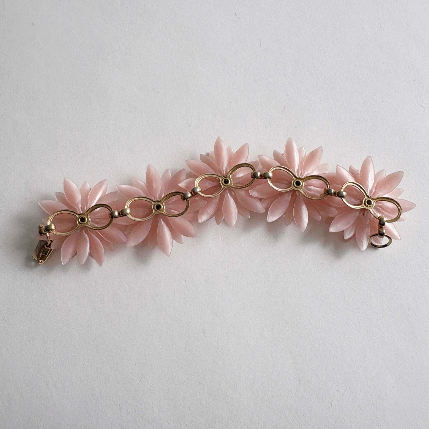 Vintage Coro Pink Soft Plastic Flower Bracelet with AB Rhinestones | 1960s