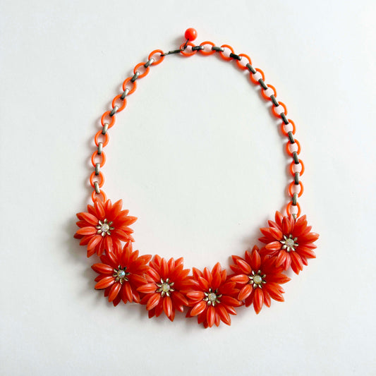 Vintage Coro orange soft plastic flower necklace with AB rhinestones, 1960s