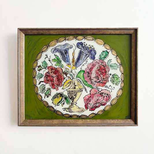 Mid-Century Folk Art Floral Painting on Silver Foil  in Original Vintage Frame