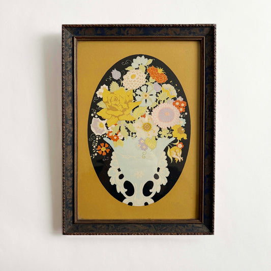 Arts and Crafts floral artwork in vintage wood frame with stylized flowers in a blue vase
