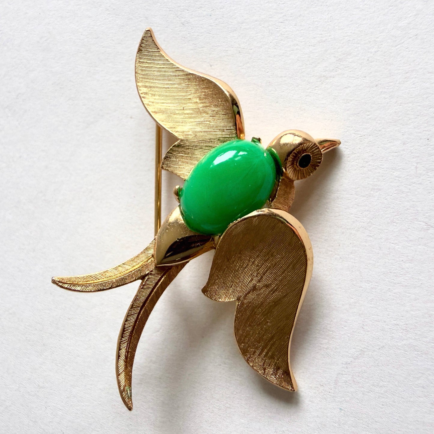 Crown Trifari Fantasies Swallowtail Bird Brooch | Green Cabochon 1960s