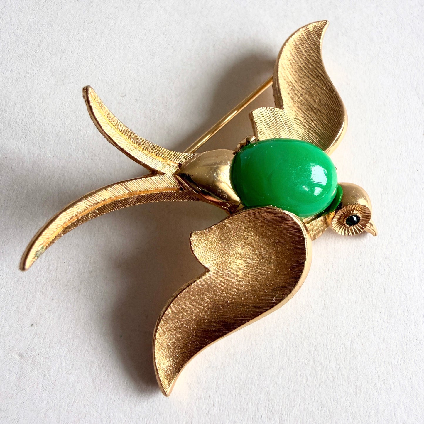 Crown Trifari Fantasies Swallowtail Bird Brooch | Green Cabochon 1960s