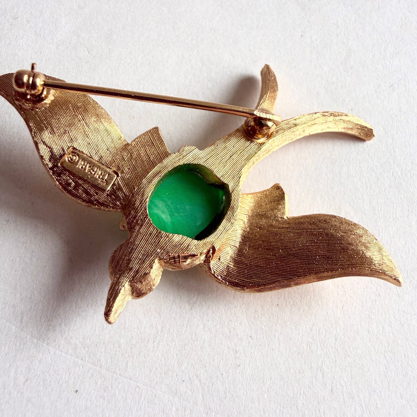 Crown Trifari Fantasies Swallowtail Bird Brooch | Green Cabochon 1960s