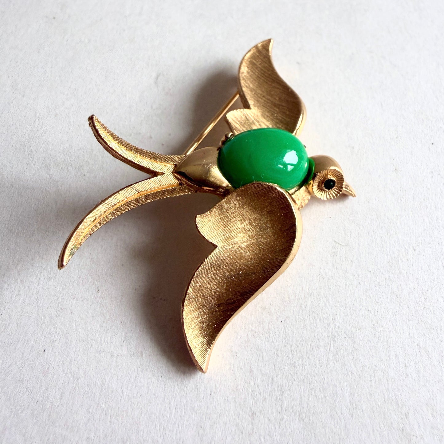 Crown Trifari Fantasies Swallowtail Bird Brooch | Green Cabochon 1960s