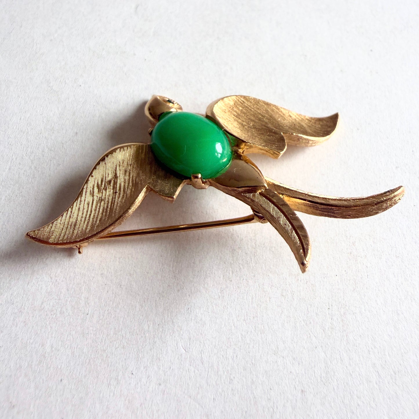 Crown Trifari Fantasies Swallowtail Bird Brooch | Green Cabochon 1960s