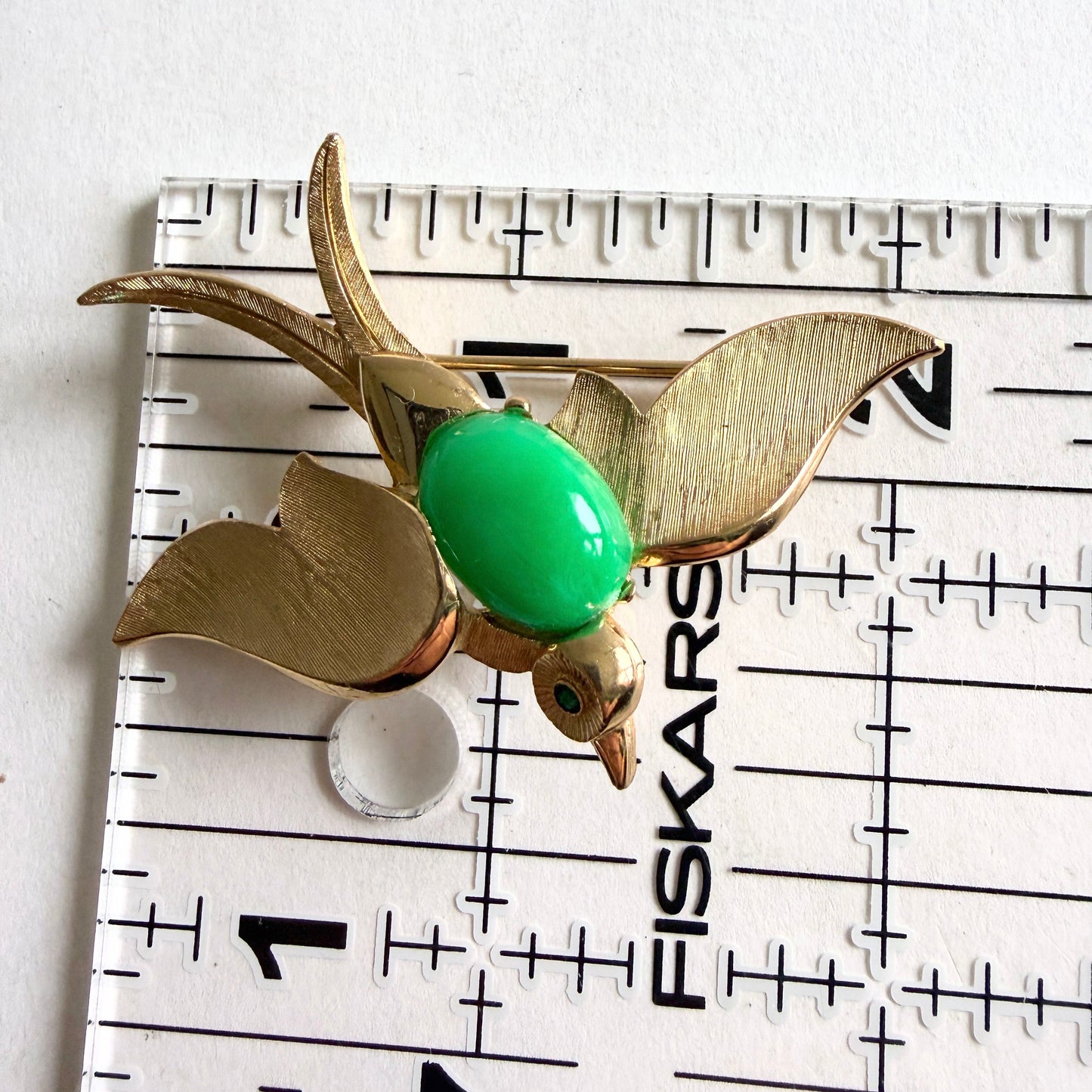 Crown Trifari Fantasies Swallowtail Bird Brooch | Green Cabochon 1960s