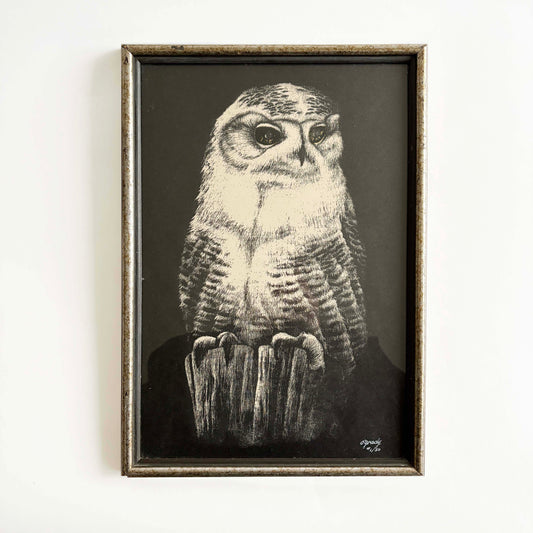 Mid-century signed owl print by O’Grady in silver frame on white background