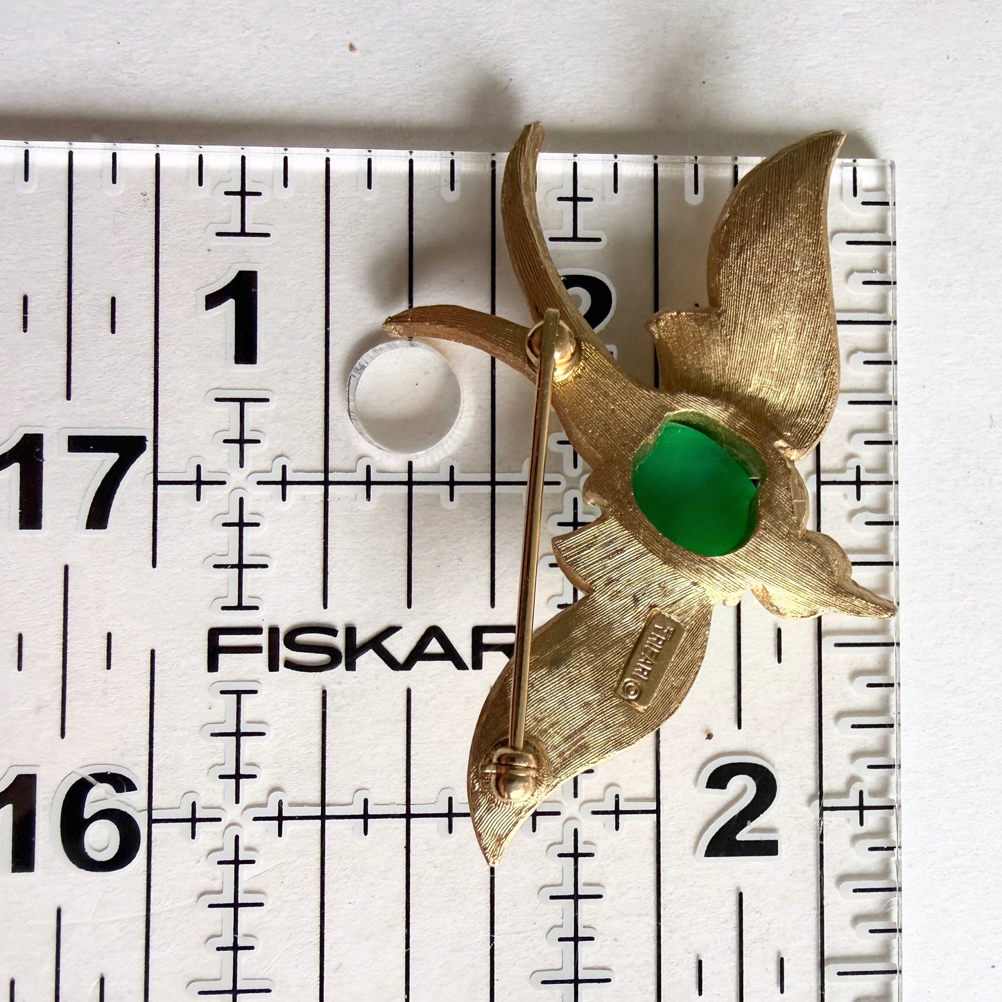 Crown Trifari Fantasies Swallowtail Bird Brooch | Green Cabochon 1960s
