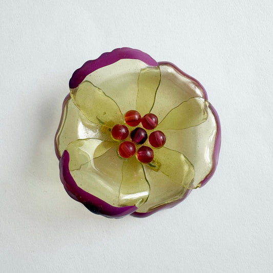 Vintage Translucent Cellulose Acetate Flower Brooch with Plum Edges and Berry Center | 1950s