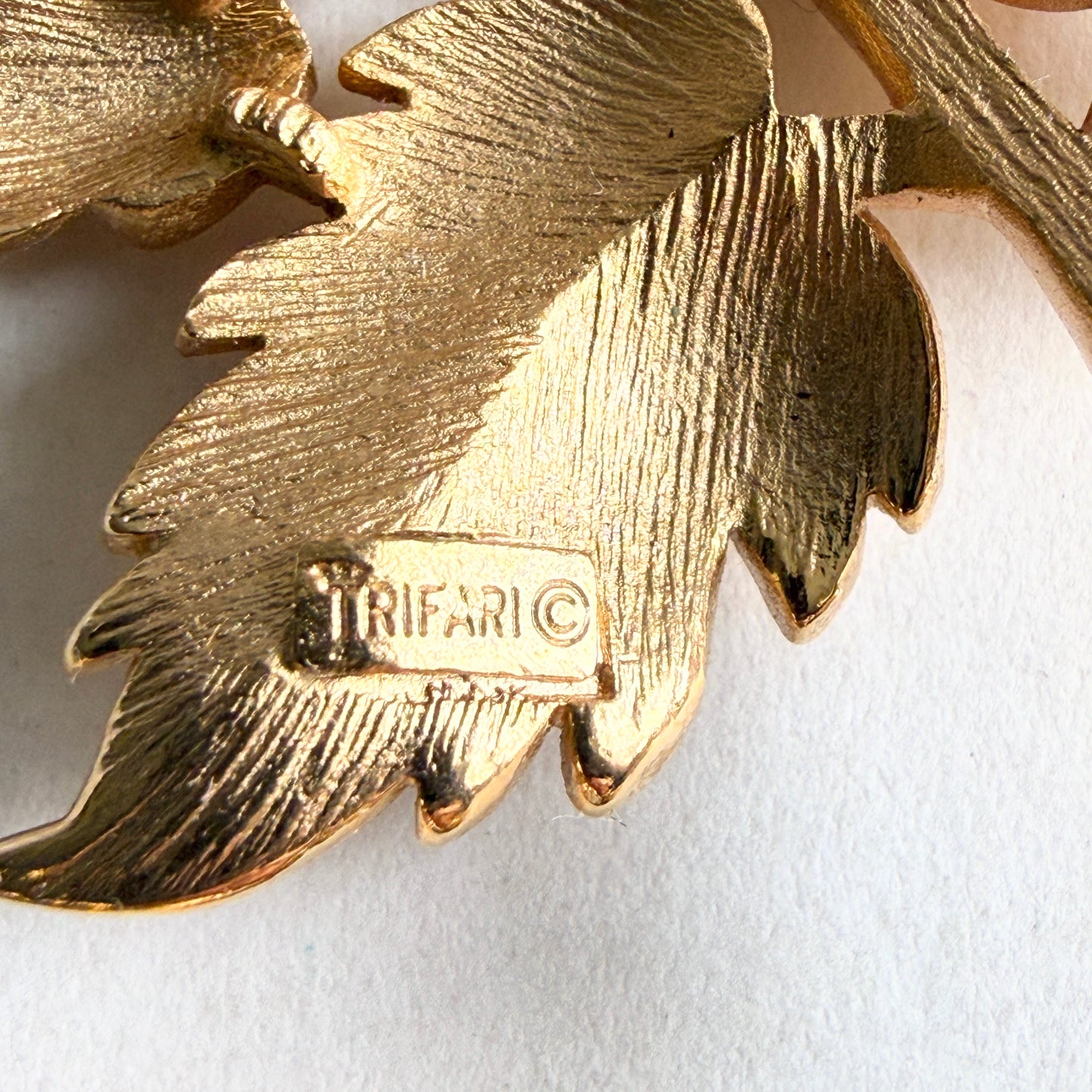 Crown Trifari Golden Berries Demi Parure Signed 1960s Leaf Spray Brooch Earrings