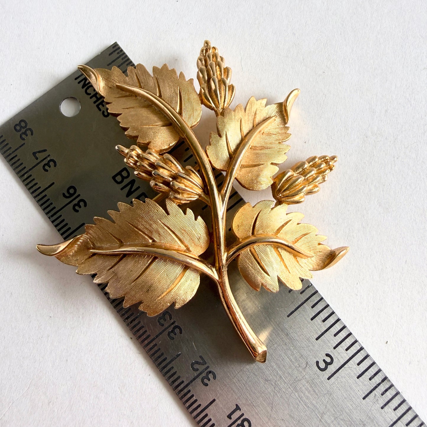 Crown Trifari Golden Berries Demi Parure Signed 1960s Leaf Spray Brooch Earrings