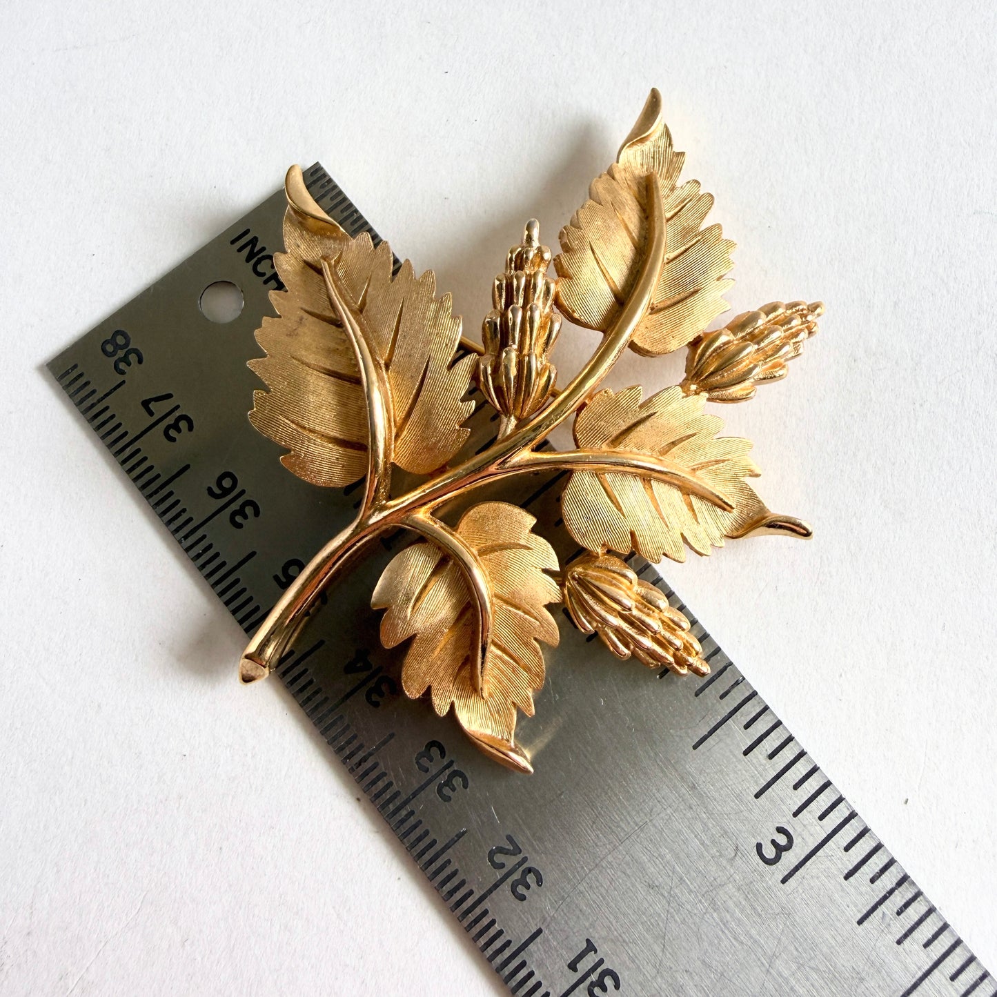 Crown Trifari Golden Berries Demi Parure Signed 1960s Leaf Spray Brooch Earrings
