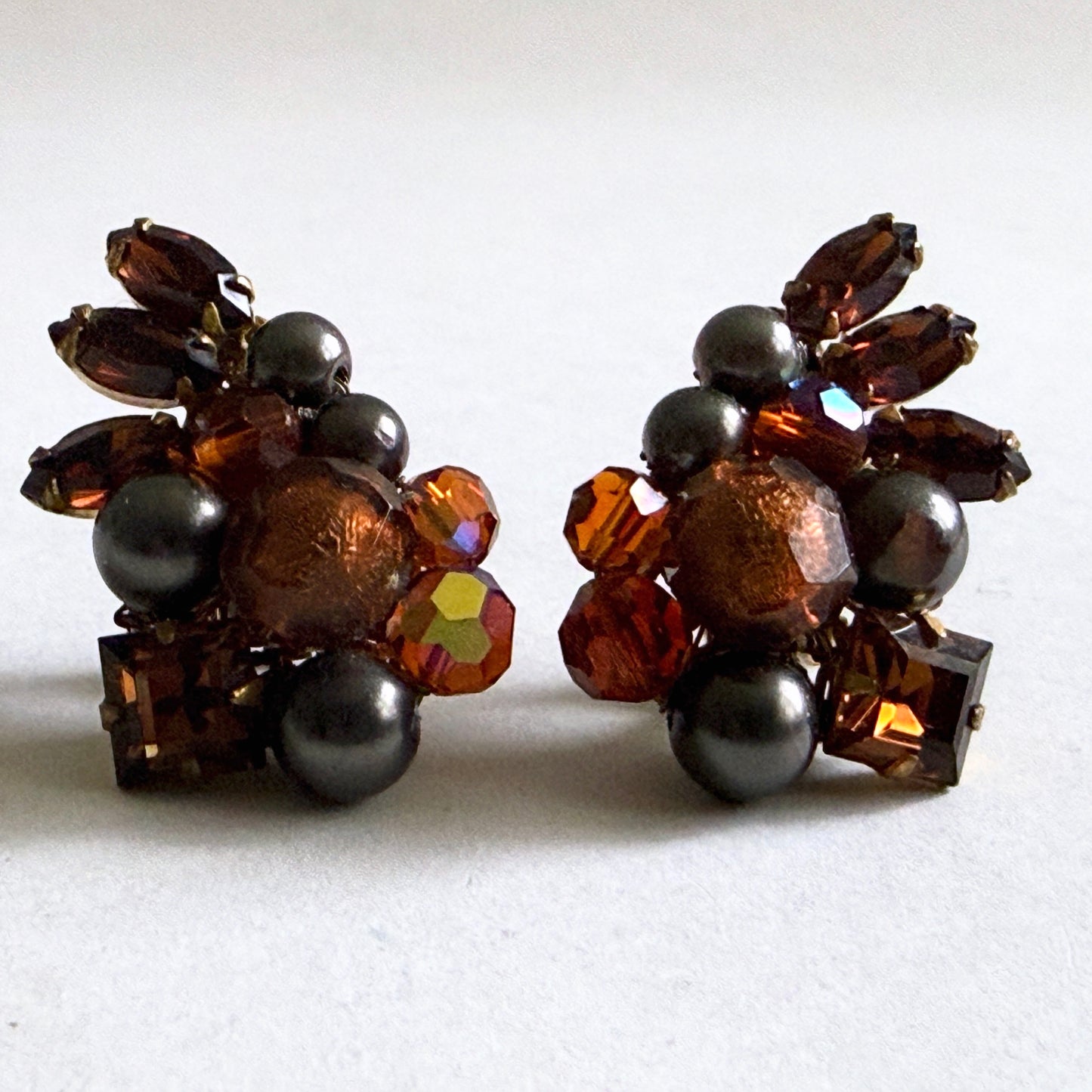 EUGENE Hand Wired Wing Climber Earrings Amber Brown Grey Signed 1950s