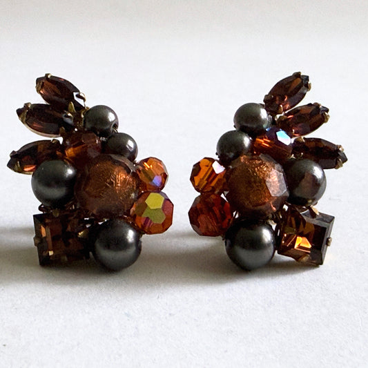 EUGENE Hand Wired Wing Climber Earrings Amber Brown Grey Signed 1950s