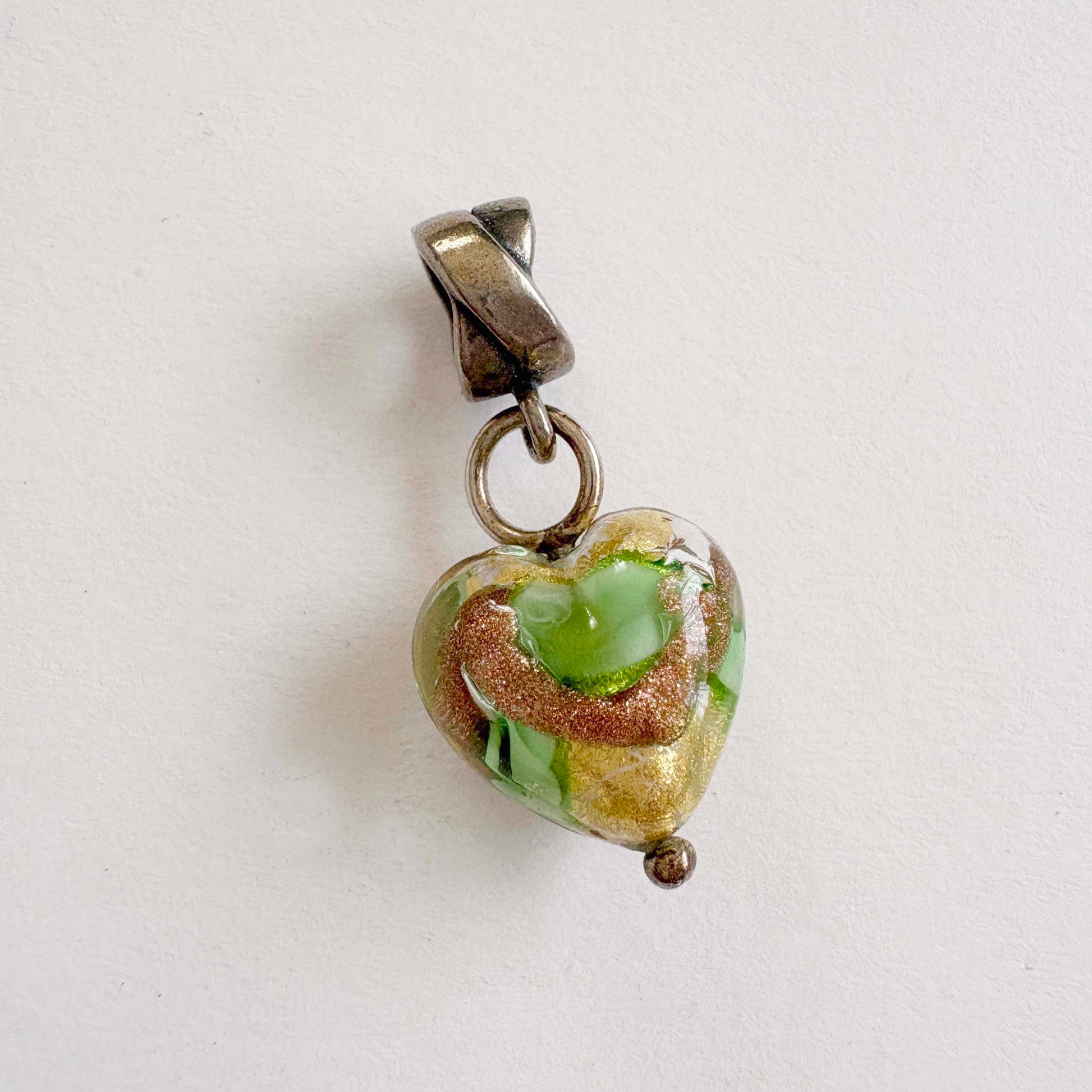 sterling silver bail and green and gold Murano Glass Heart Charm Pendant