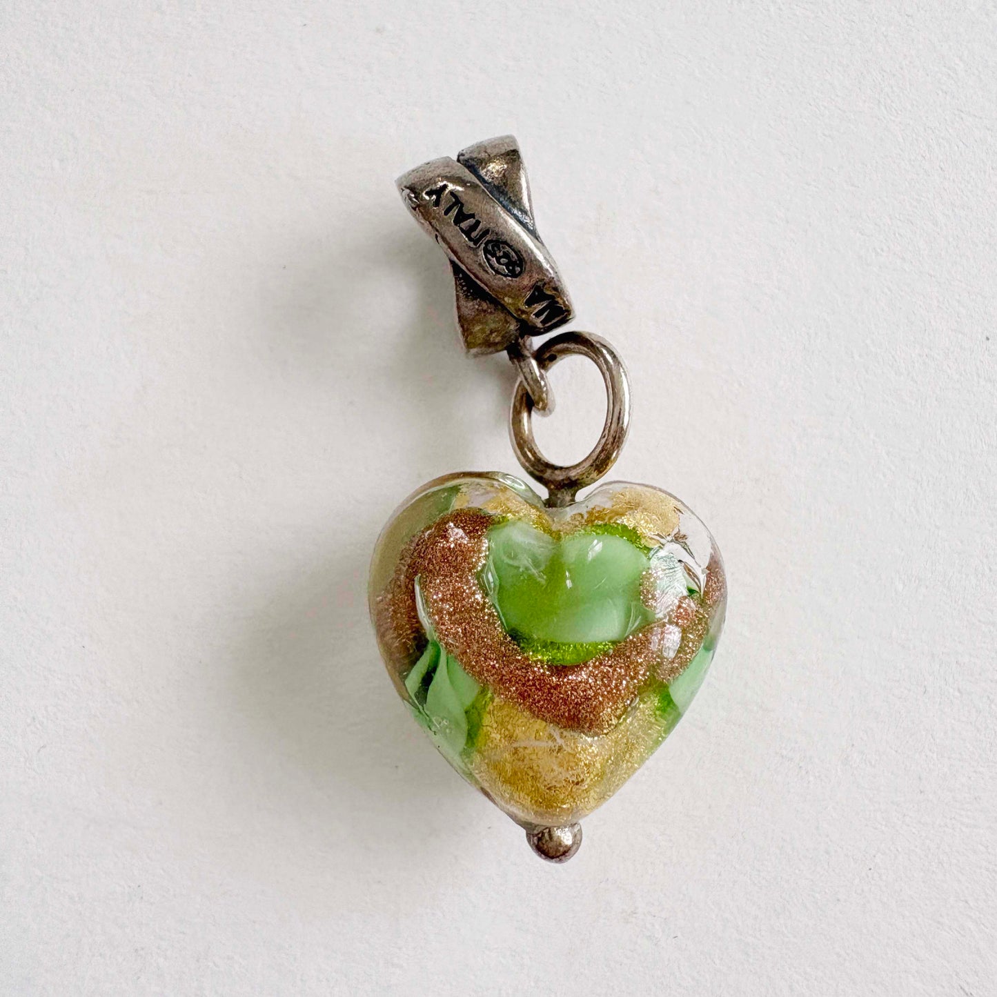 sterling silver bail and green and gold Murano Glass Heart Charm Pendant