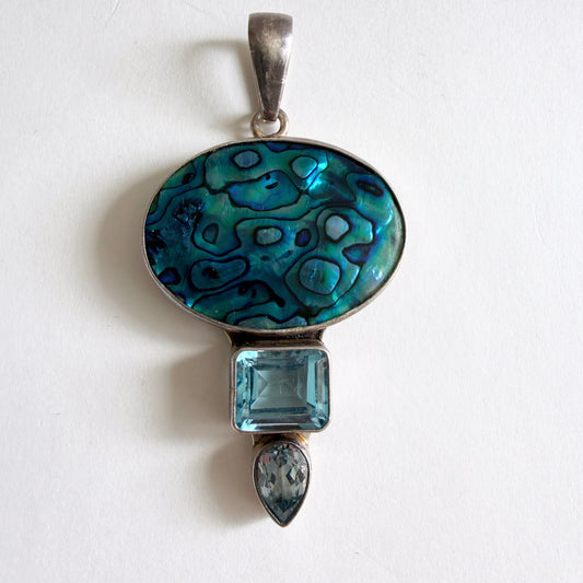 Full view of the 'Reef Mirror' Charles Albert pendant in high-purity .950 fine sterling silver with a blue abalone shell focal.